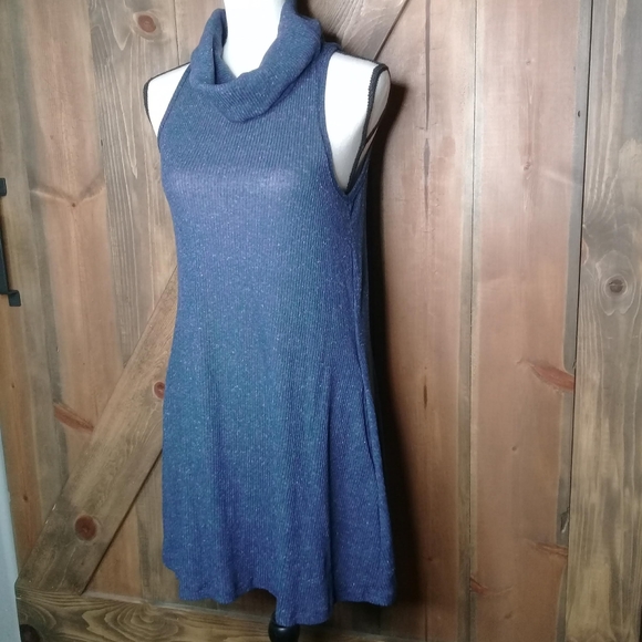 Socialite Blue Ribbed Cowl Neck Sleeveless A-line Casual Mini Dress Sz Med - Picture 3 of 9